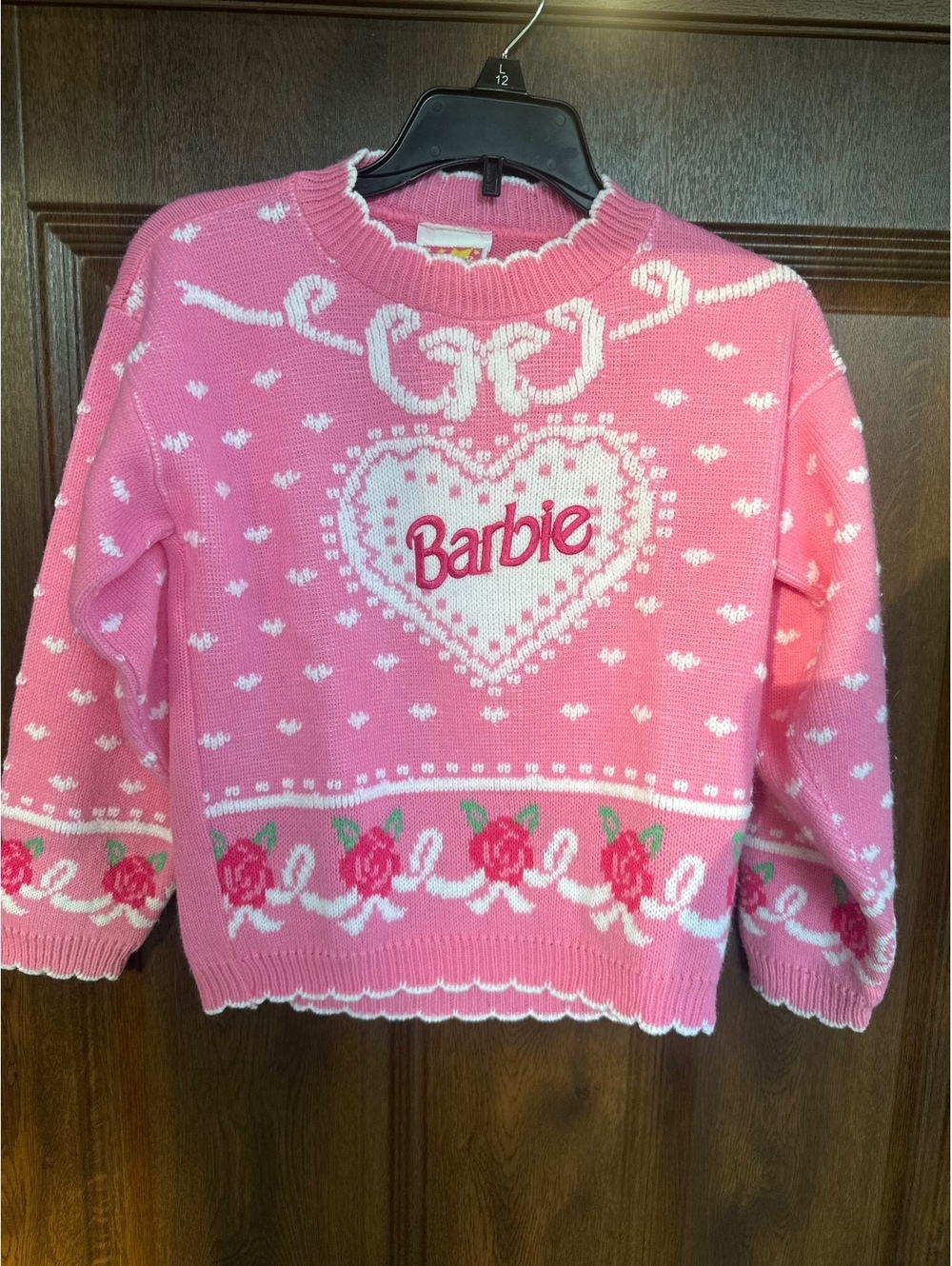 Barbie Vintage 1991 Girls Collectors Pink Heart Rose Bow Knit Sweater 7/8